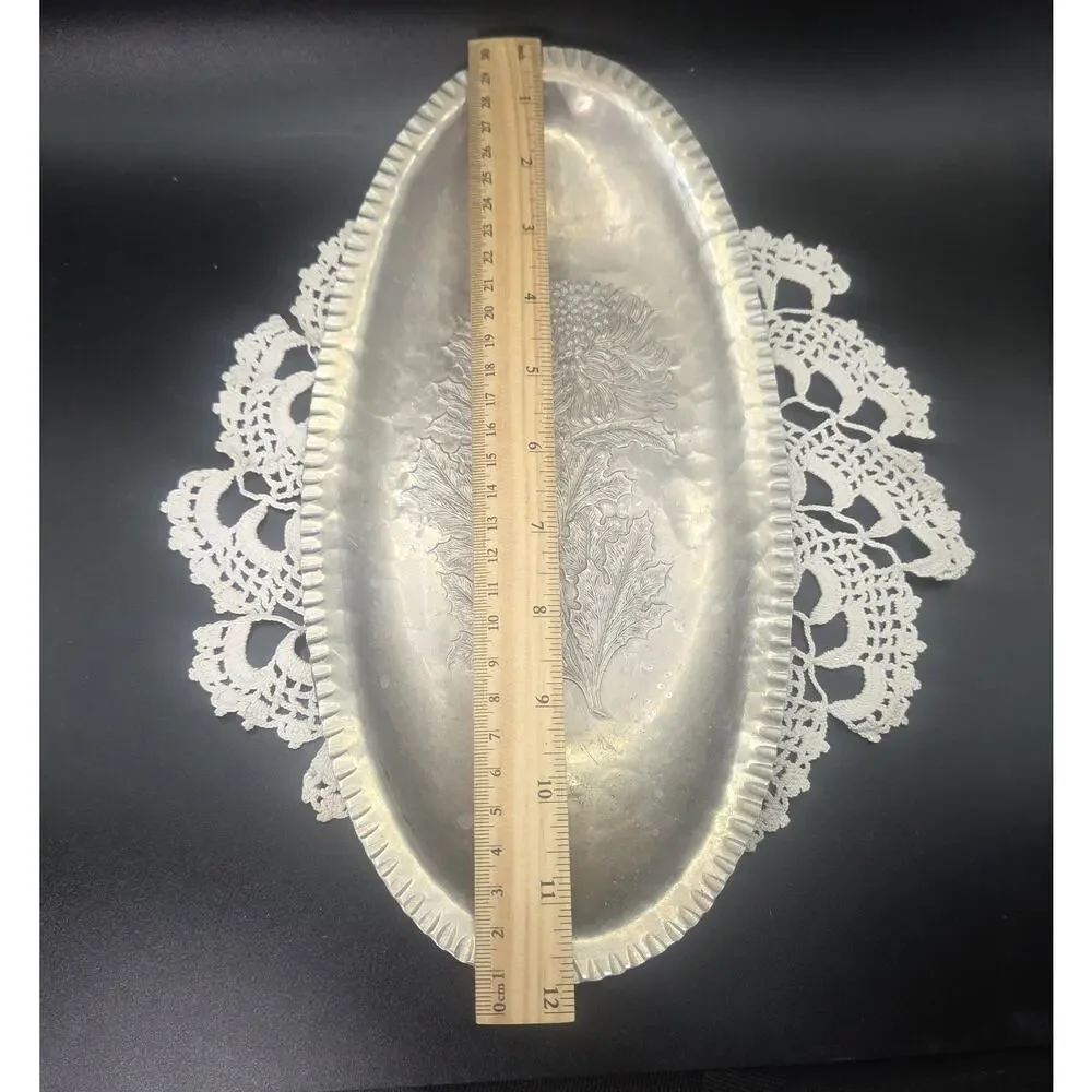 Continental Hand Wrought Tray Aluminum Chrysanthemum Trade Mark 566 Vintage